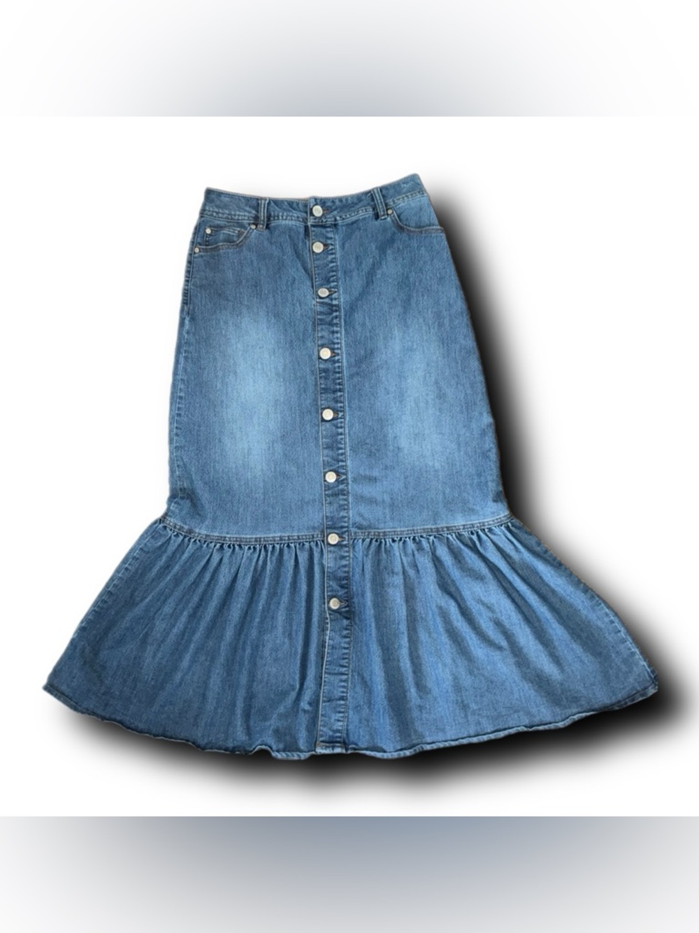 High-Waist Button-Front Denim Flounce Mermaid Midi Skirt - Picture 3 of 7